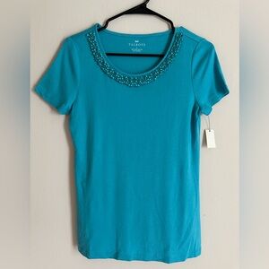 Talbots Teal Blue Beaded Neckline Top With Round Neck And Short Sleeves